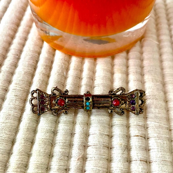 VINTAGE BAR PIN BROOCH SEED BEADS GEMSTONES JEWELRY LAPEL PIN - Picture 3 of 9